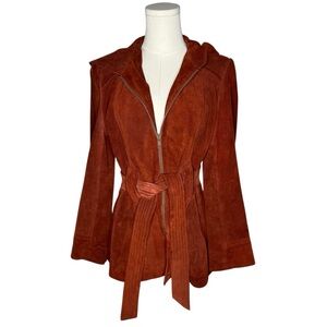 70s Vintage Wilson’s Burnt Orange Suede Leather Jacket Belted Hooded Zip Up